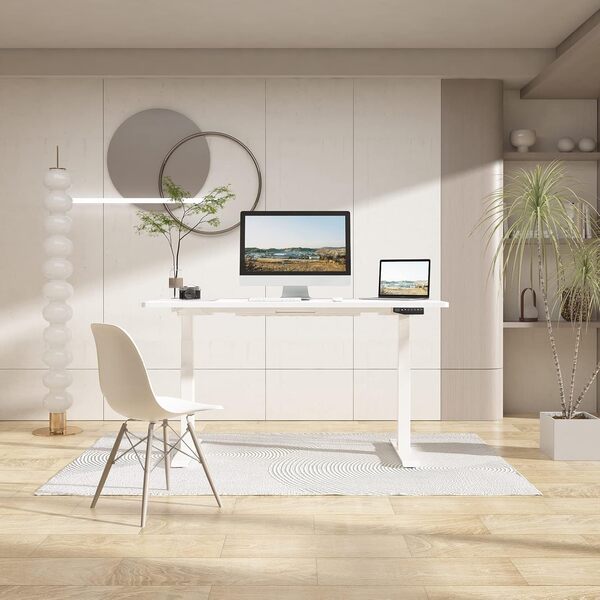FLEXISPOT Bureau Assis Debout Électrique avec Plateau 140x80cm Bureau Debout Réglable en Hauteur à 3 Colonnes 2 Moteurs, Panneau de Contrôle à Fonctions Mémoires, Charge 125kg (Blanc)