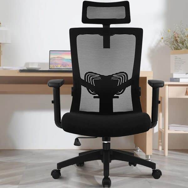 Daccormax Chaise Bureau Ergonomique, Fauteuil de Bureau Confortable à roulettes, Siège Inclinable Pivotant, Accoudoirs Réglables, Appui-Tête Ajustable 11cm, Support Lombaire Réglable, Noir
