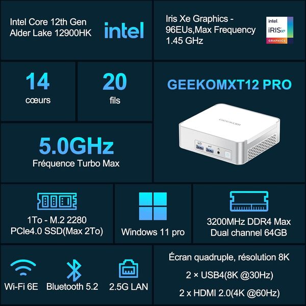 GEEKOM Mini PC XT12 Pro Intel i9-12900HK (14 cœurs, 20 Threads, 24 Mo de Cache, 5,0 GHz) Bureau NUC Mini Ordinateur Wi-FI 6E, 32 Go DDR4 Windows 11 Pro 1 to Mini Ordinateur NUC, 2 * USB4 | 8K UHD