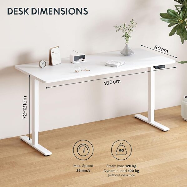 FLEXISPOT Bureau Assis Debout 180 x 80 cm avec 2 Moteurs Puissants, Bureau Stable Réglable en Hauteur, Bureau Électrique avec Fonction Mémoire (Blanc + Blanc)
