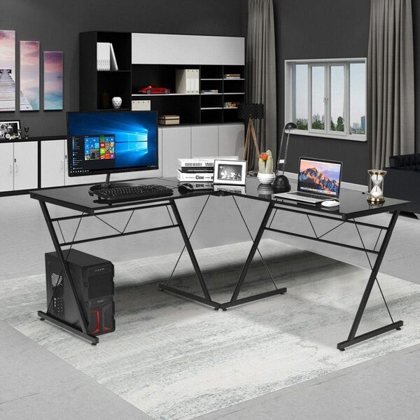 Tangkula Bureau d'ordinateur en verre Bureau d'angle en forme de L avec cadre noir Mobilier de bureau à domicile Black.