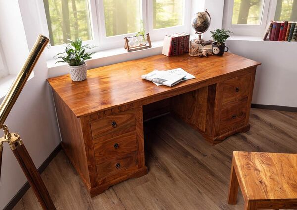 MASSIVMOEBEL24.DE Bureau - Bois Massif d'acacia laqué (Miel) - Style Colonial - Oxford #0529