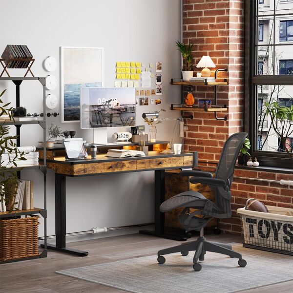 Airfish Bureau réglable en hauteur 160 x 60 cm avec 5 tiroirs, réglable en hauteur avec étagère, bureau d'ordinateur avec espace de rangement, mémoire à 3 fonctions, noir
