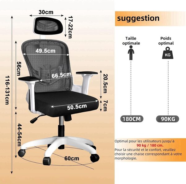 LIMBALAY Chaise de Bureau Ergonomique Blanche avec Support Lombaire, Appui-tête et Accoudoirs Réglables, Fauteuil Bureau en Maille Respirante, Chaise d'ordinateur