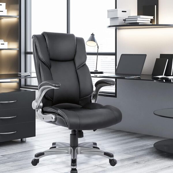 COLAMY 2822 Dossier Haut-Chaise de Bureau Ergonomique en Cuir avec accoudoirs rembourrés rabattables, Verrouillage d'inclinaison réglable, Fauteuil Roulant pivotant pour Adultes, Noir, Taille Unique