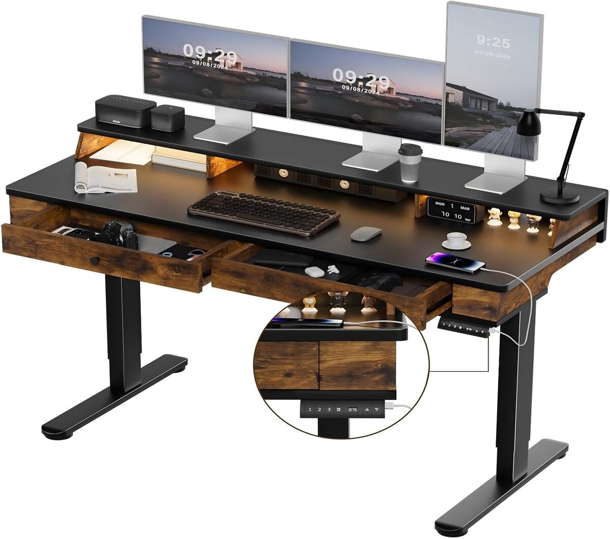 Test du bureau réglable Airfish : 160 x 60 cm, 5 tiroirs et étagère