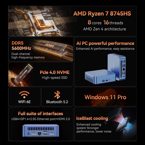 GEEKOM AX8 Pro AI Mini PC, AMD Ryzen R7-8745HS (8C/16T, jusqu'à 4,9 GHz), 32 Go RAM DDR5 5600 MHz, 512 Go SSD PCIe Gen 4, Windows 11 Pro, AMD Radeon 780M, WiFi 6E, BT5.2, LAN 2.5G.