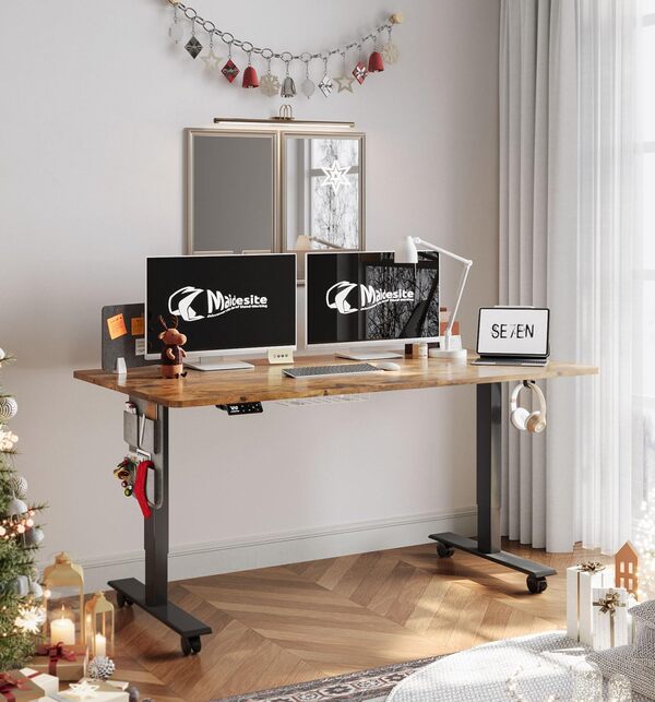 MAIDeSITe Bureau Assis Debout Electrique (140 x 70 cm) - Montage Facile - Réglable en Hauteur - Électrique avec 4 Commandes Mémoires et Réseau de Câble et roulettes à 360° SN1 (Brun Vintage)