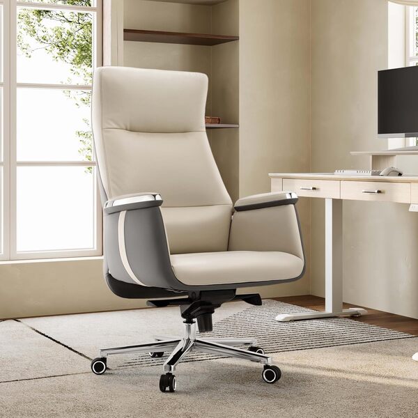 EUREKA ERGONOMIC Chaise de Bureau Ergonomique, Fauteuil de Bureau avec Siège Extra Large, Chaise en Cuir Reglable en Hauteur, Inclinaison de 90° à 135°, Beige & Gris