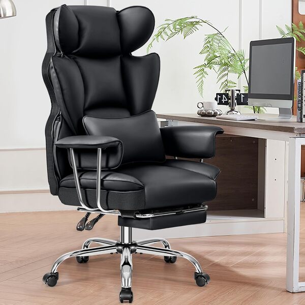 DoChair Chaise de Bureau Ergonomique avec Repose-Pieds et Soutien Lombaire - en Cuir synthétique - avec Soutien Lombaire et Dossier Haut - Chaise de Bureau Confortable - 200 kg - Noir