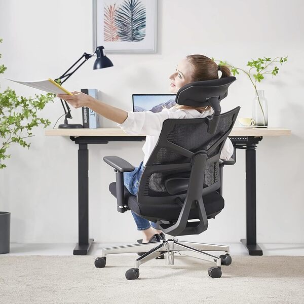 HOLLUDLE Chaise de Bureau Ergonomique avec Dossier Adaptable, Fauteuil D'ordinateur avec Accoudoirs 4D, Profondeur D'assise Réglable, Soutien Lombaire et Appui-tête 2D, Siège de Travail Exécutif, Noir