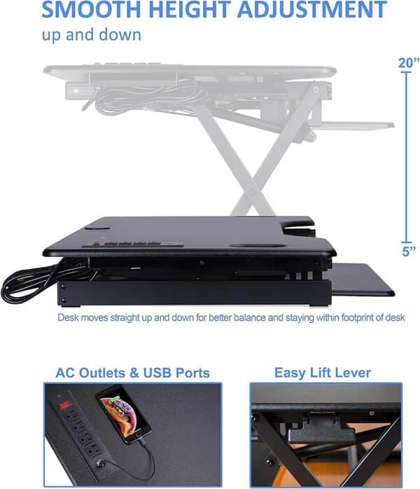 Rocelco R DADRB-46-ACUSB Convertisseur de bureau debout réglable en hauteur 116,8 cm – Chargeur USB de bureau AC – Rehausseur triple moniteur assis-debout – Station de travail pour ordinateur haut –