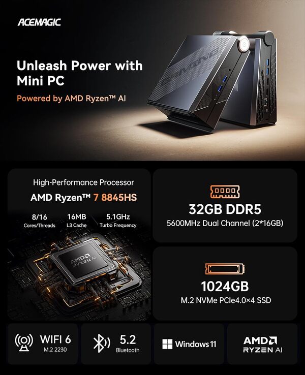 ACEMAGICIAN Mini PC Gaming AMD Ryzen 7 8845HS (jusqu'à 5,1 GHz), 32 Go DDR5 1 to NVME SSD, Micro Ordinateur de Bureau avec réglage à 3 Modes. 【RGB/WIFI6/Bluetooth 5.2/Dual Ventilateur】