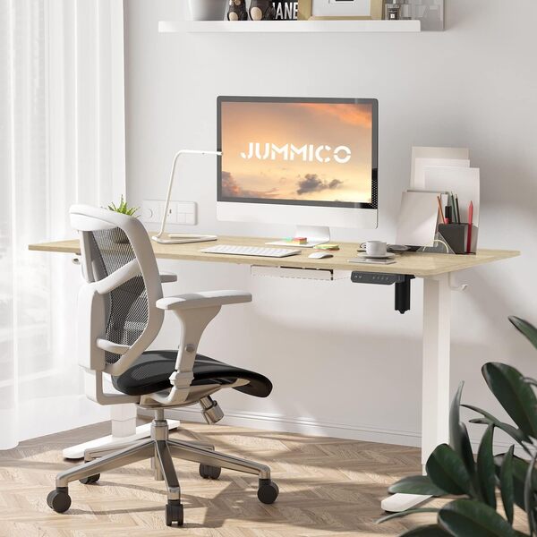 JUMMICO Bureau électrique debout 180 x 80 cm avec chargement USB et type C, hauteur réglable avec plateau de câbles et roulettes, table ergonomique en chêne