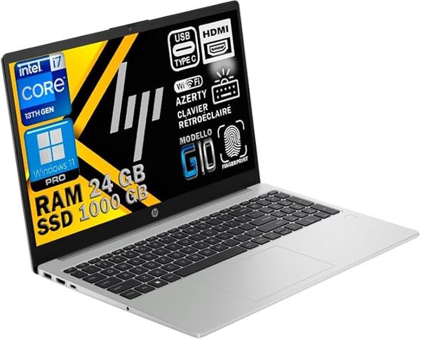 HP 250 G10 Ordinateur Portable Professionnel Intel Core i7 13ᵉ Gén, RAM 24 Go DDR4, SSD 1To, Écran 15,6 Full HD, WiFi 6E, Copilot IA, Clavier AZERTY Rétroéclairé, Empreinte Digitale, Win 11 Pro