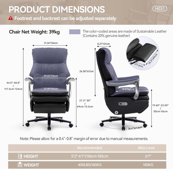 EMIAH Fauteuil de Bureau Électrique Inclinable Chaise Bureau Ergonomique avec Repose-Pieds Chaise Direction Haut Dossier avec Masseur Fauteuil Relax reglable Hauteur Cuir Écologique (Noir)