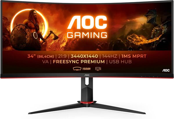 AOC Écran gaming incurvé ultrawide CU34G2X 86 cm (34 pouces) (QHD, HDMI, DisplayPort, FreeSync, temps de réponse de 1 ms, 144 Hz, 3440x1440) noir/rouge
