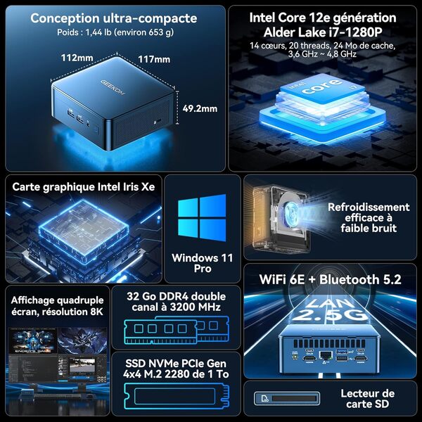 GEEKOM IT12 2025 Edition Mini PC – Alternative Intel NUC idéale i7-1280P (14C/20T, jusqu’à 4,8 GHz) | 32 Go DDR4 + 1 To SSD | Mini PC Windows 11 Pro |Wi-Fi 6E & USB4 (8K) Mini Ordinateur-maison/bureau