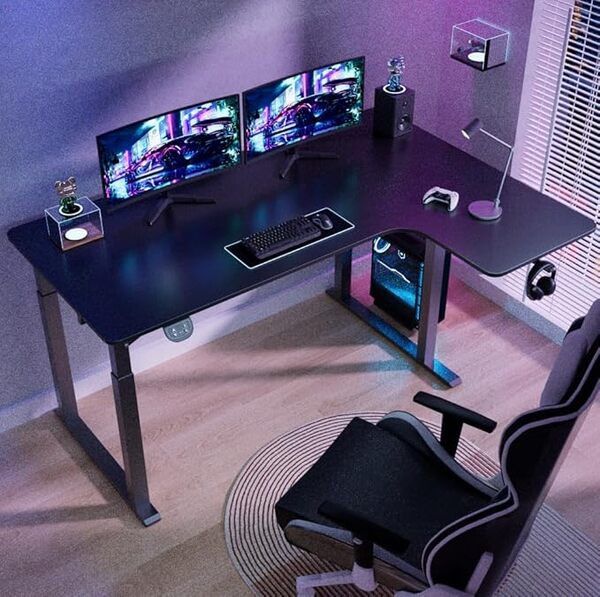 Dripex Bureau électrique, réglable en hauteur, 180 x 110 cm, en forme de L, bureau d'angle, debout, avec double moteur, 4 pieds pour la stabilité, planche d'épissure, noir