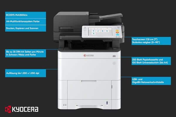 Kyocera Ecosys MA3500cix Imprimante Laser Couleur Multifonction Recto-Verso 35 ppm Imprimante Scanner photocopieur, imprimante Multifonction avec Panneau Tactile, Gigabit LAN, Impression Mobile