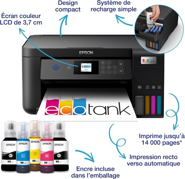 Epson EcoTank ET-2850 A4 Imprimante Multifonction Wi-FI avec réservoir d'encre jusqu'à 3 Ans d'encre Incluse