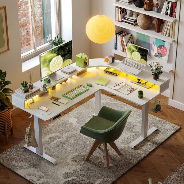 FEZIBO Bureau Assis Debout Angle Électrique - 160*120 cm 3 Moteurs Bureau Debout Réglable en Hauteur avec bande LED, Angle Réversible, Système Anti-Collision, Panneau Contrôle à 3 Fonctions Mémoires