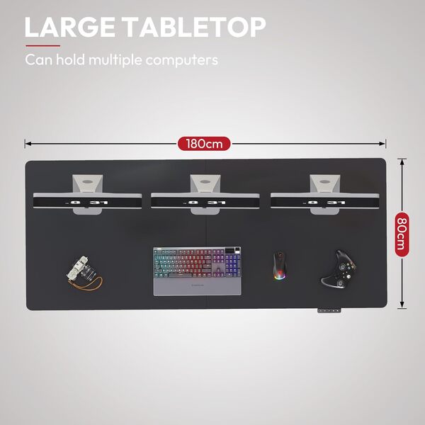 SANODESK Bureau Assis Debout - Bureau Gaming, 2 Moteurs Electrique Double avec 4 Pieds 180x80cm, 4 Emplacements de Mémoire, Fonction de Rappel de Sédentarité, Réglable en Hauteur, Noir