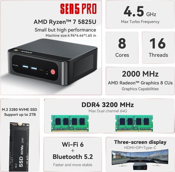 Beelink SER5 Pro Mini PC, AMD Ryzen 7 5825U (8C/16T, jusqu'à 4,4 GHz), Mini PC de Bureau 16Go RAM DDR4 500Go M.2 2280 SSD, 2.5G Ethernet/WiFi6/4K Triple Display pour Studio