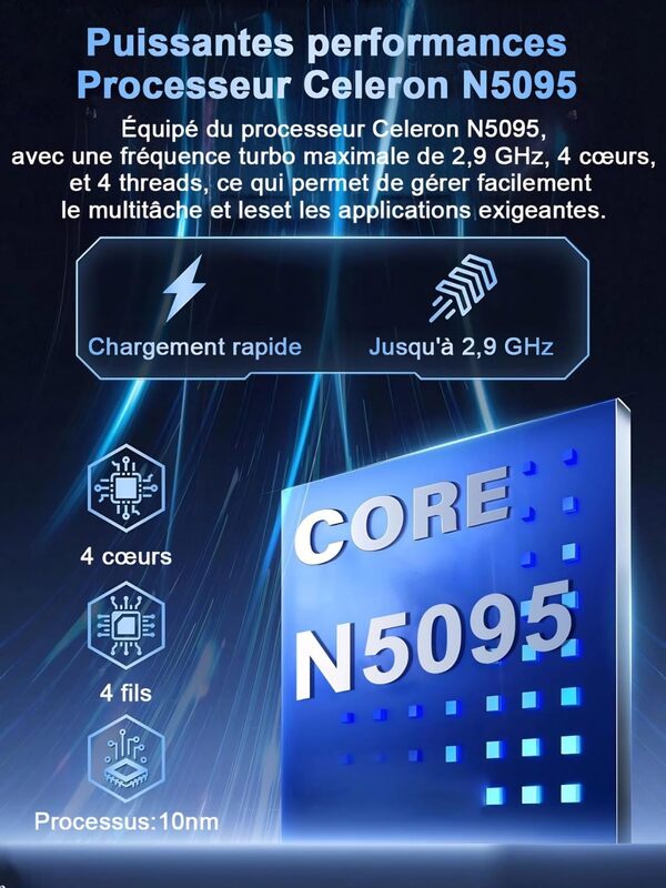 Ordinateur Portable 14'' Celeron N5095 (jusqu'à 2,9 GHz) 8Go RAM 256Go SSD Soutien Extension 1TB(TF 512Go)1920x1200 Quad Core PC Portable Win11 Laptop 5G WIFI Mini HDMI AZERTY Clavier Couverture-Bleu