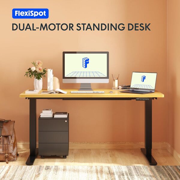FLEXISPOT 2 Moteurs Bureau Assis Debout 160x80 Une Pièce, Bureau Debout électrique avec Panneau à Fonctions Mémoires, Table Réglable en Hauteur Électrique, Charge 100kg, Noir+Érable