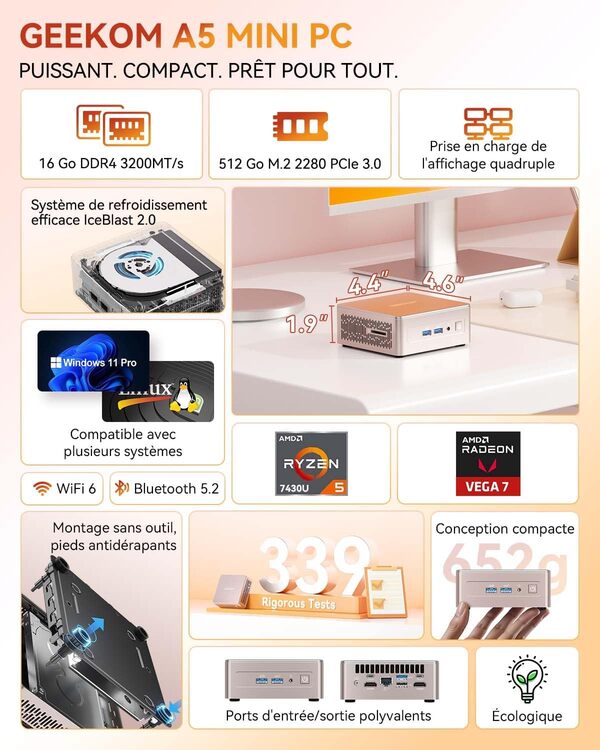 GEEKOM Mini PC A5 2025 Edition avec AMD Ryzen 5 7430U, Silencieux NUC Mini Ordinateur de Bureau avec Graphiques AMD Radeon, 16Go RAM 512Go SSD,8K Display,Dual HDMI,2.5G LAN,Windows 11 Pro,Lecteur SD