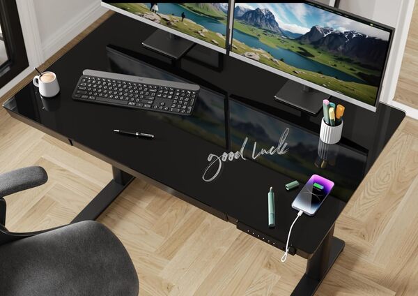 Claiks Bureau réglable en Hauteur avec Plateau en Verre Monobloc (Noir, 140 x 60 cm)