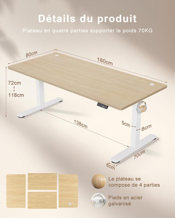TRIUMPHKEY Bureau réglable en Hauteur - 180 x 80 cm - 3 Commandes à mémoire - Réglable en Hauteur - Anti-Collision - Réglable en Hauteur- Chêne