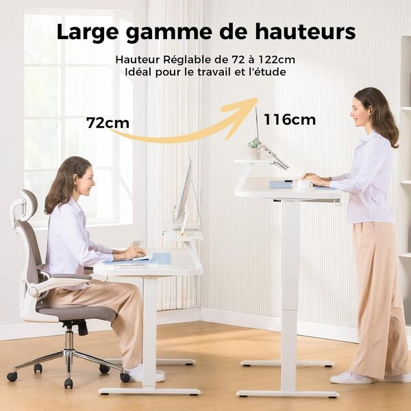 COMHOMA Bureau Assis Debout Électrique, 120x60cm Bureau Électrique avec Rangement, Support Écran, Tiroir, Support pour Ordinateur Portable, avec 3 Hauteurs de Mémoire, Blanc