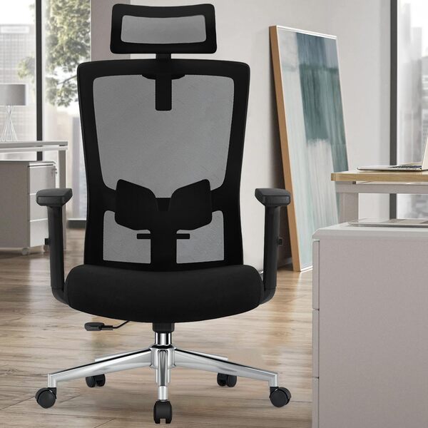 Chaise de bureau ergonomique avec support lombaire réglable, accoudoirs et appuie-tête, pivotante, 150 kg, fonction bascule jusqu'à 135°