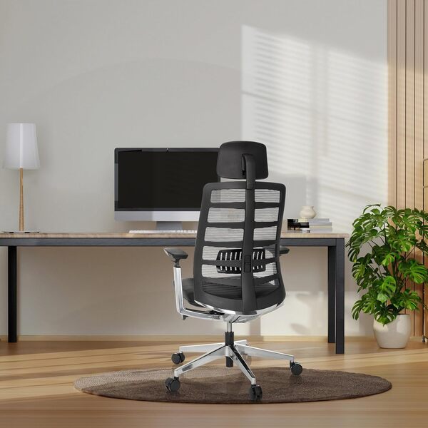 hjh OFFICE Chaise de Bureau Ergonomique SPINIO Elite L Fauteuil de Direction Cuir, Appui-tête et Soutien Lombaire réglables, Chaise pivotante avec Dossier en Maille, Noir