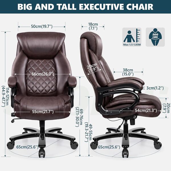 Chaise Bureau PU Cuir - Fauteuil de Bureau Ergonomique Confortable 227kg Siège Large avec Accoudoirs Souple, Réglable en Hauteur,Roulette Pivotant à 360° Office Chair,Marron