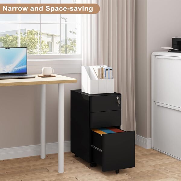 WOLTU Caisson de Bureau Mobile, Meuble de Rangement pour Dossiers Suspendus Format A4, Caisson sur roulettes, Armoire Documents avec 3 Tiroirs Verrouillables, en Métal, Noir, 30x45x60 cm, ASK10sz