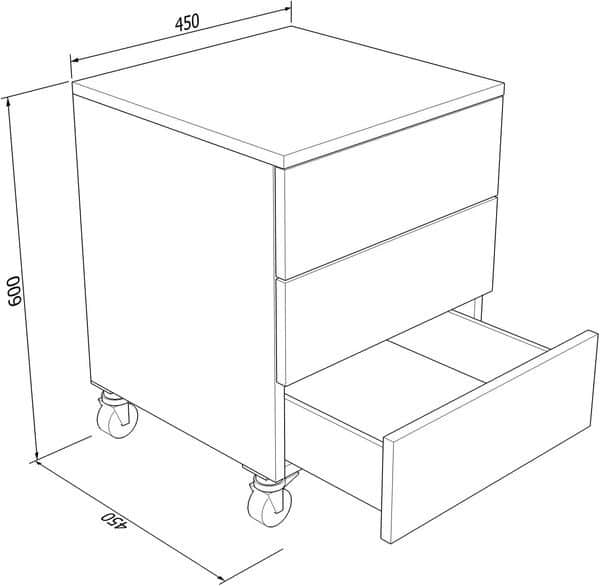 709C3 - Commode chambre à coucher bureau L 45 avec roulettes et 3 tiroirs H 16 cm, avec glissières à fermeture ralentie 45 x 45 x 60 cm (L x P x H)