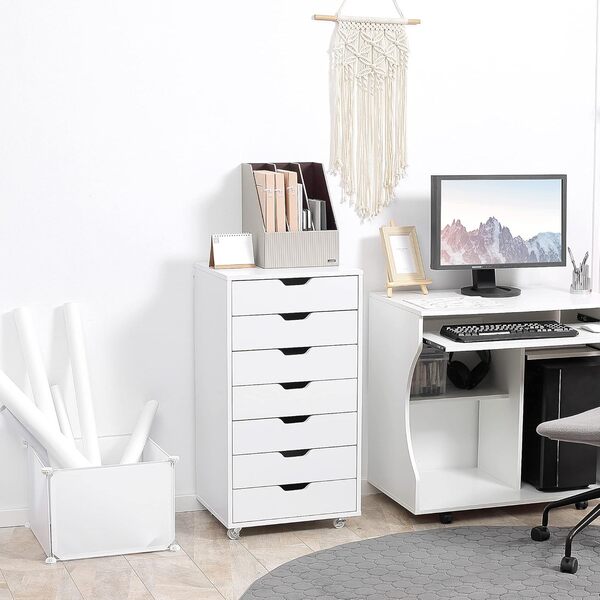 Vinsetto Caisson Bureau Mobile avec 7 tiroirs, Meuble Rangement Bureau sur roulettes pour Documents et imprimante, Caisson de Rangement pour Travail ou Chambre, 47,5 x 39,5 x 90 cm, Blanc