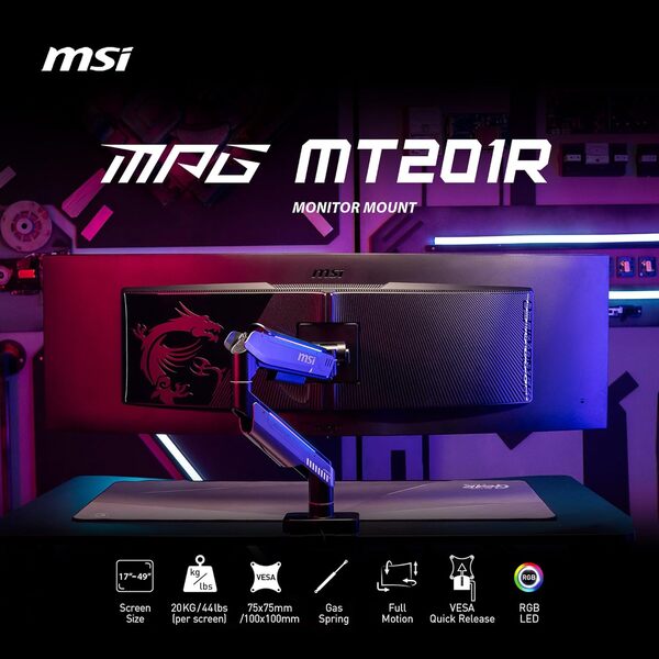 MSI MPG MT201R – Bras de Support pour écran Simple RVB de qualité supérieure, Prend en Charge Les écrans de 17 à 49