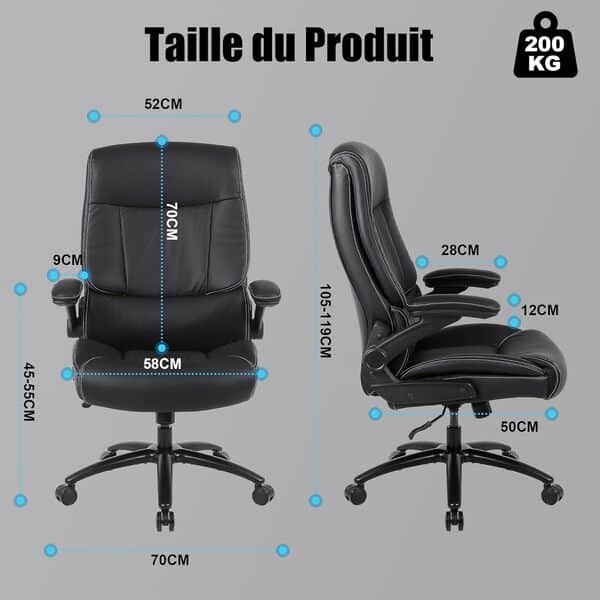 Youhauchair Chaise Bureau, Chaise de Bureau 200 kg pour Personnes Corpulentes, Fauteuil de Bureau en Cuir PU avec Accoudoirs Relevables, Chaise de Bureau Ergonomique à Dossier Haut, Noir