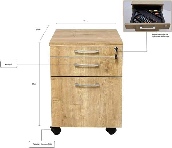 furni24 152.FRN.54.11.204.01 Caisson à roulettes, Chêne Bois, 43 cm breit, 59 cm tief, 57 cm Hoch