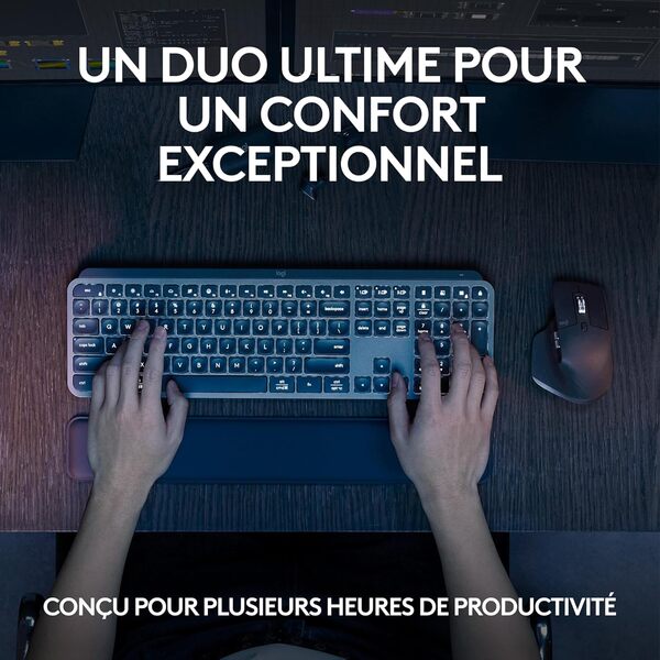 Logitech MX Keys S Combo:Clavier et Souris Sans Fil Performants avec Repose Poignet,Éclairage Personnalisable, Défilement Rapide,Bluetooth,Windows/Linux/Chrome/Mac, Clavier Français AZERTY - Gris