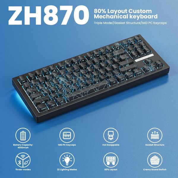 ZORNHER ZH870 Clavier mécanique de jeu sans fil, 80 % noir avec touches PC IMD Spider Web, commutateurs linéaires au son crémeux, remplaçable à chaud, rétroéclairage RVB, 2,4 GHz/USB-C/BT5.0