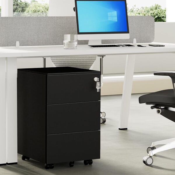 Caisson de Bureau, Meuble de Rangement Bureau, avec Serrure, 4 Clés, Caisson à Tiroirs, 3 Tiroirs, Armoire Métallique, Prémonté, Noir