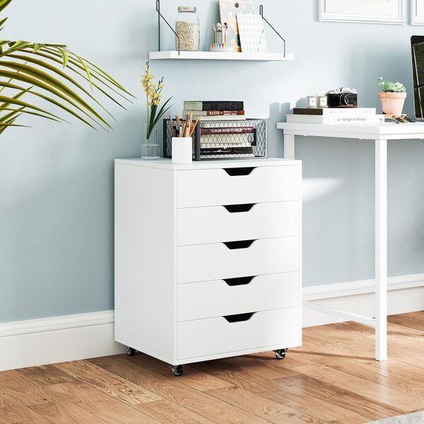 COSTWAY Caisson Bureau 5 Tiroirs, Caisson de Rangement à Roulette avec Poignée, pour A4, Lettre, 2 Roues avec Frein, 49 x 40 x 65 cm, Blanc