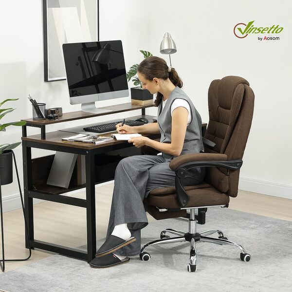 Vinsetto Fauteuil de Bureau, Chaise de Bureau Ergonomique avec Hauteur réglable, Dossier inclinable et Repose-Pied, Tissu Aspect Lin, pour Chambre, télétravail, Charge 120 Kg, Marron